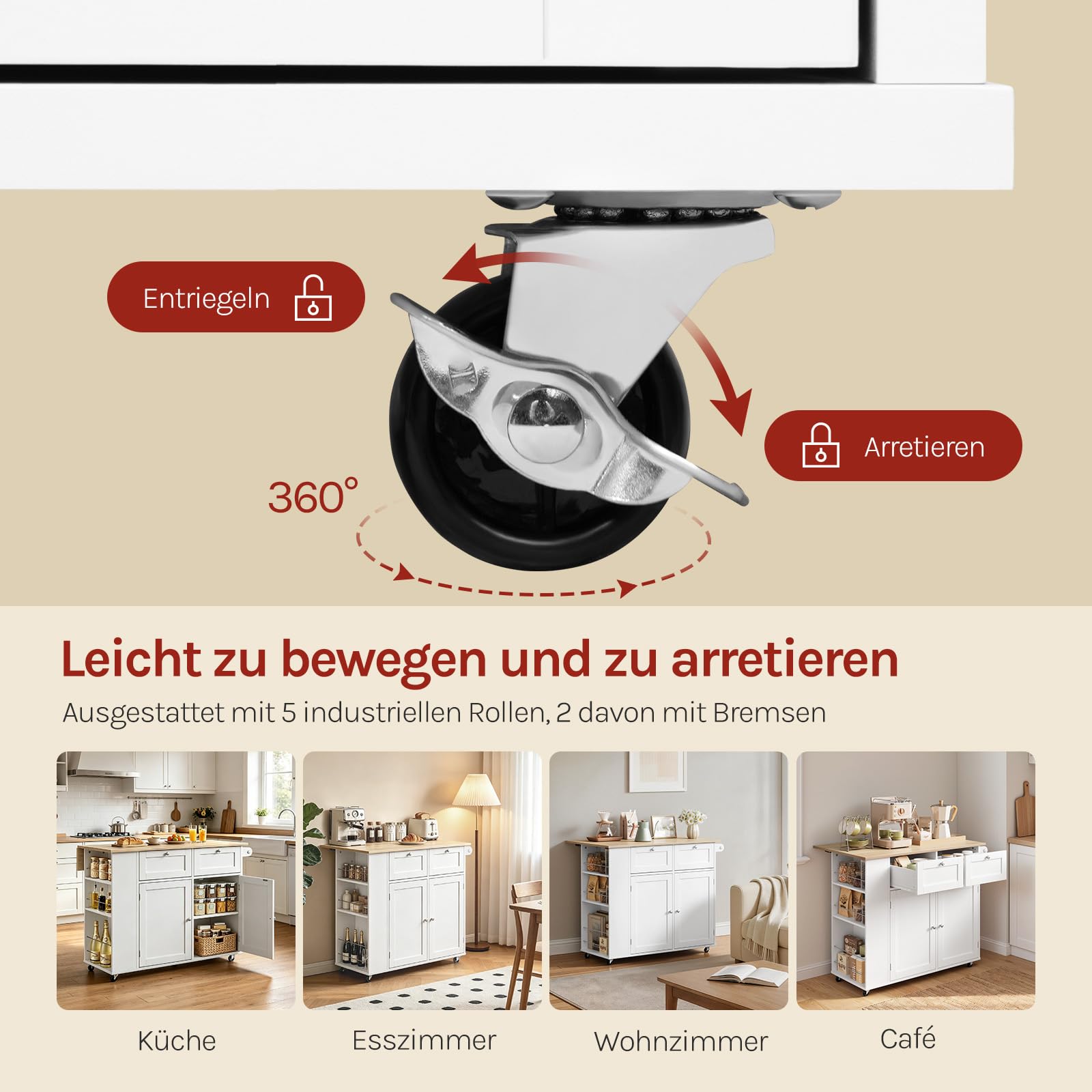 WOLTU Kücheninsel mit Rollen, Küchenwagen mit klappbarer Arbeitsplatte, 3 Seitenablagen 2 Schubladen & Handtuchhalter, Mobiler Küchenschrank für Küche Esszimmer, Helle Eiche + Weiß