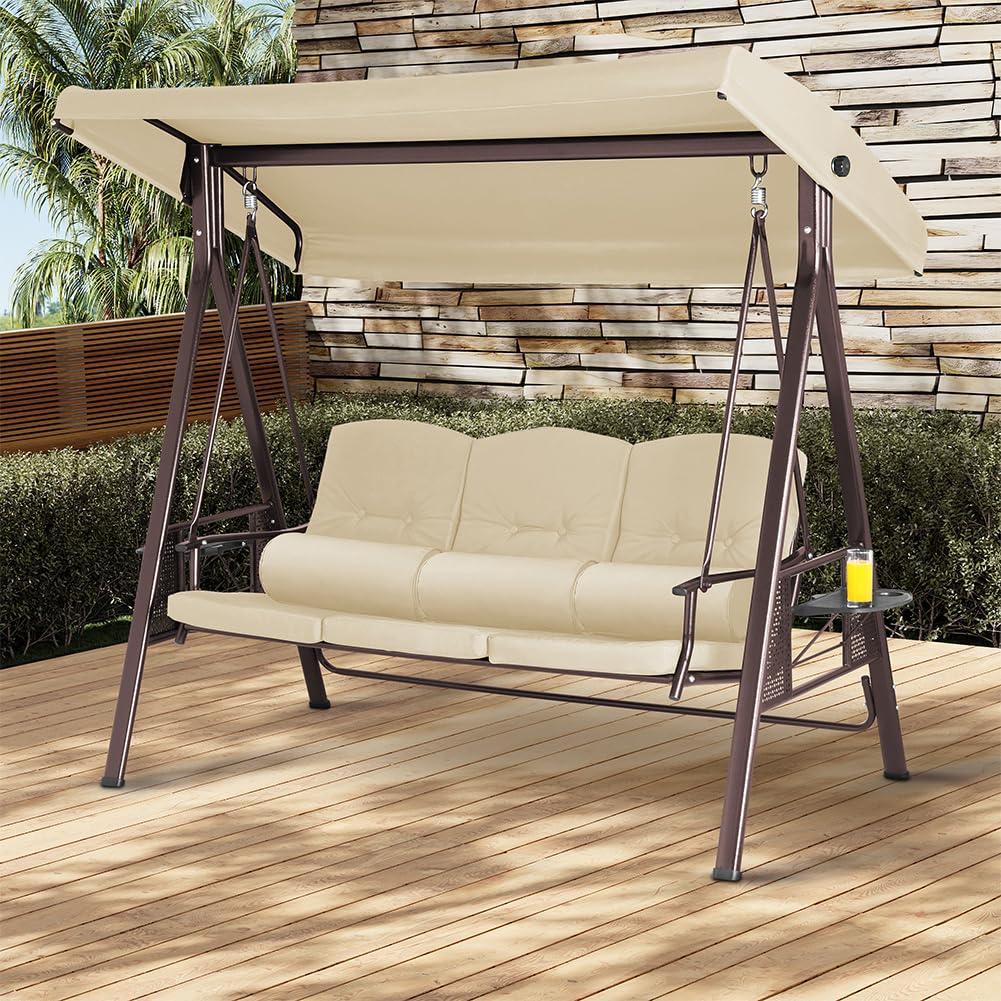 Bakaji Dondolo Da Giardino 3 Posti con 3 Cuscini Tetto Parasole Regolabile e Vassoi Pieghevoli Struttura in Metallo Seduta in Tessuto con Maxi Imbottitura 8cm (Beige)
