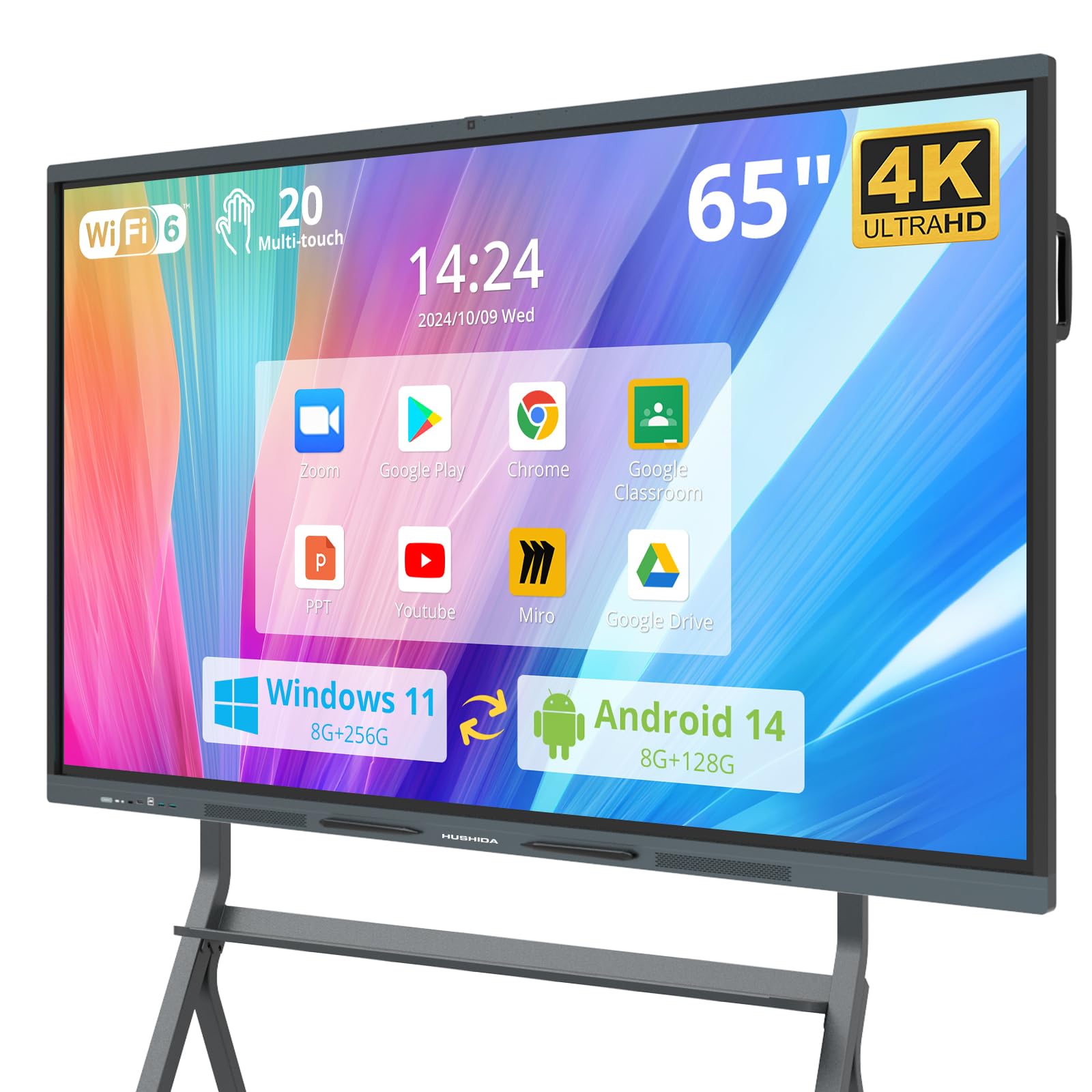 HUSHIDA 65″ Smart Board, 4K UHD Interactive Whiteboard Built in Dual System and 13MP Camera, All in One Digital Whiteboard for Home, Classroom and