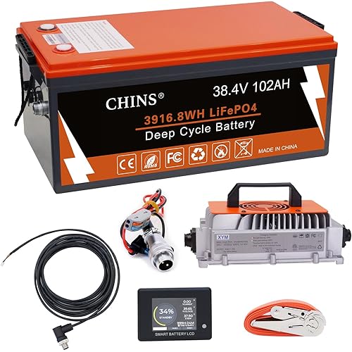 CHINS 36V Lithium Golf Cart Battery, 200A BMS, with Touch Monitor and Retention Strap, 5000+ Cycles 36V 102AH Lithium Battery with Charger Perfect for Golf Carts