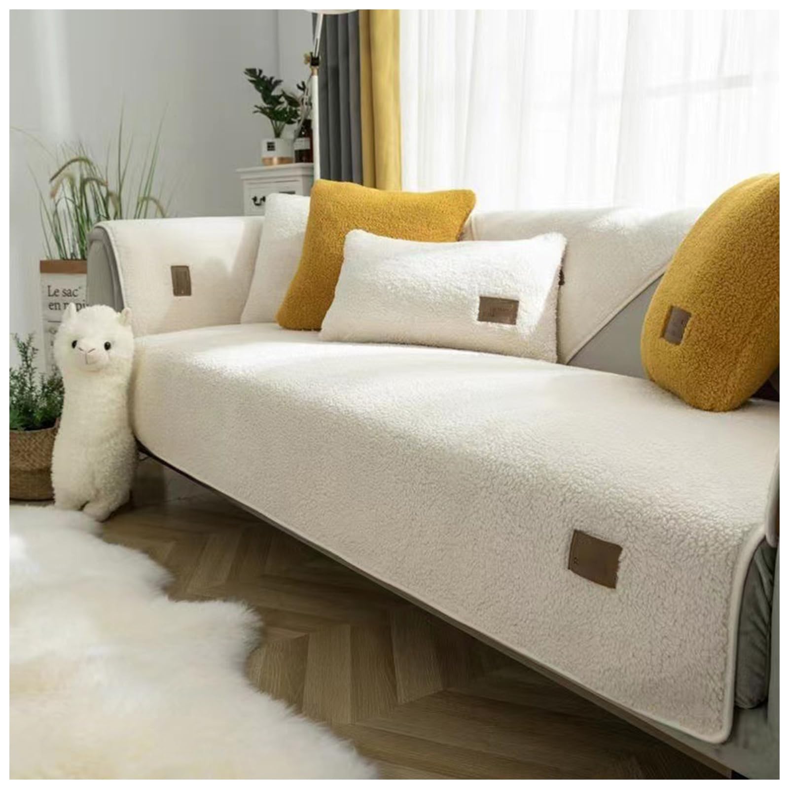 WIWIDANG Thick Fuzzy Sherpa Fleece Non-Slip Sofa Cover, Non Slip Sofa Cover, Autumn Winter Washable Sectional Cosy Plush Couch Cover For Living Room (45 * 45cm/17.7 * 17.7 in (pillowcase),beige)