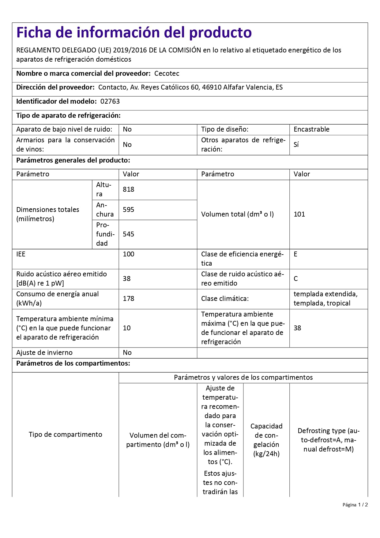 Cecotec Bolero Coolmarket TF BI 101 Congélateur Intégrable 101 L Blanc Écran Tactile Fast Freezing Porte Réversible Température Réglable -14 °C à -24 °C LED Intérieur Alarme