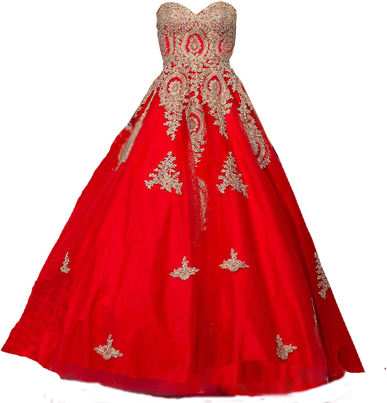 Women's Gold Lace Long Quinceanera Prom Ball Gown Wedding Dresses