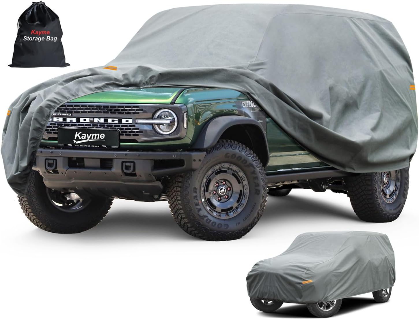 Kayme Heavy Duty Car Cover Custom Fit Ford Bronco 4 Door, Big Bend, Badlands, Outer Banks, Wildtrak, Raptor (2020-2025), Full Exterior Covers Waterproof All Weather, Sun Rain UV Protection. 2.Custom Fit Ford Bronco 4 Door