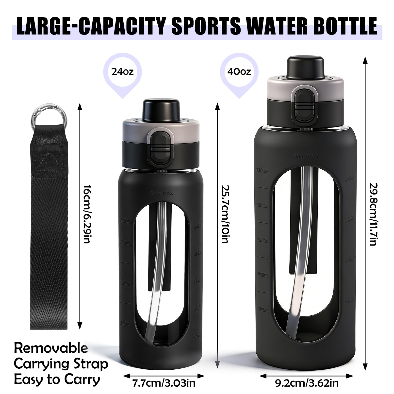 ANOTION Botella de agua de vidrio de 40 onzas, botella de agua deportiva grande con tapa de doble bebida, botellas de vidrio transparente a prueba de fugas con popote, jarra motivacional con funda de