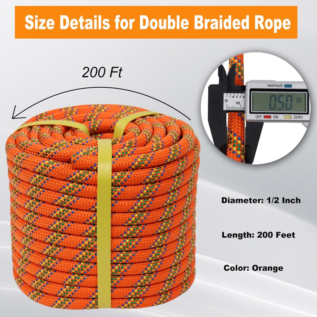 Double Braided Arborist Rope - 1/2 Inch x 200 Feet Polyester High Strength Climbing Rope for Tree Work, Halyard, Sailing (Orange)