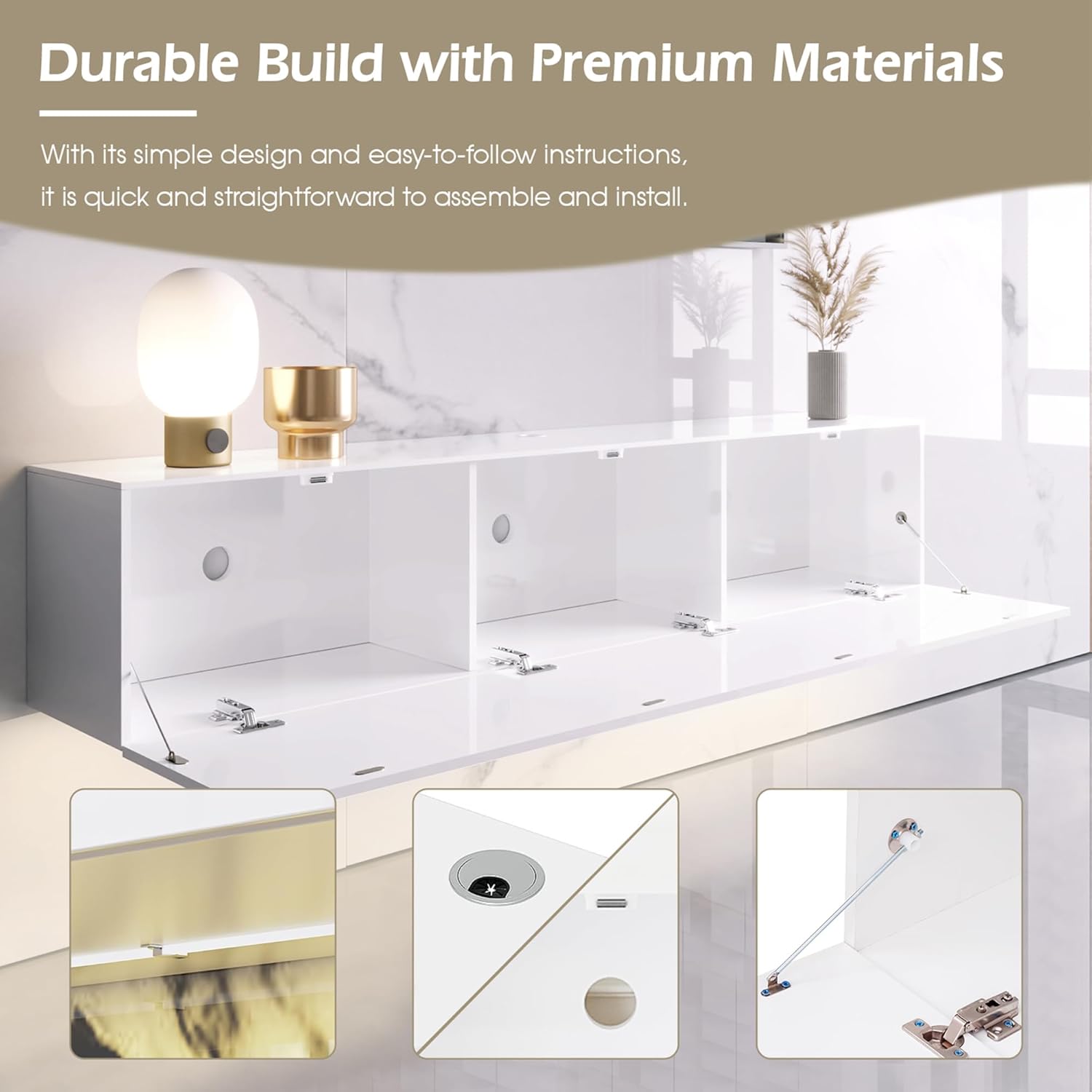 DMAITH Floating TV Stand with LED for 60 65 70in TV, White High Gloss Wall Mounted Modern Entertainment Center with Storage - Image 5