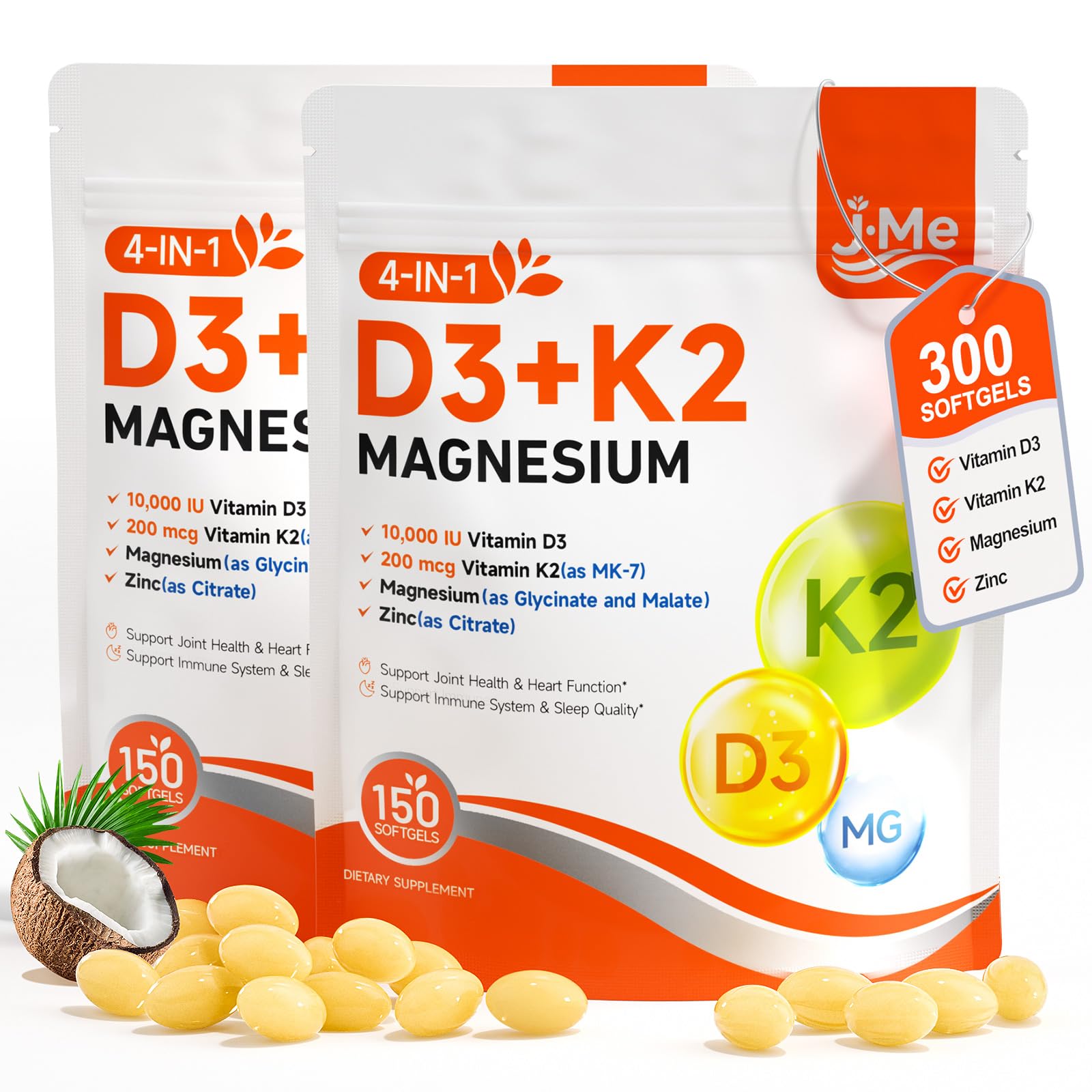 JME Core Vitamin D3 K2 10,000 IU Magnesium Supplement,300 Softgels, Non-GMO