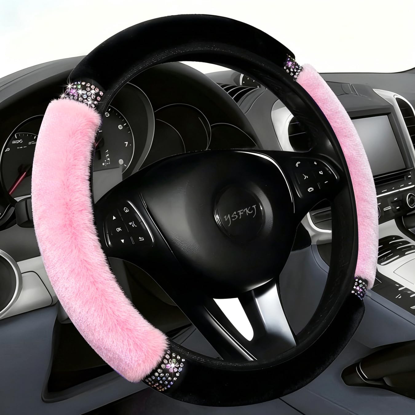 Fluffy Steering Wheel Cover, Universal 15 Inch Colorful Rhinestones Car Steering Wheel Cover, Sparkly Crystal Diamond Steering Wheel Protector for Women Girls,Pink