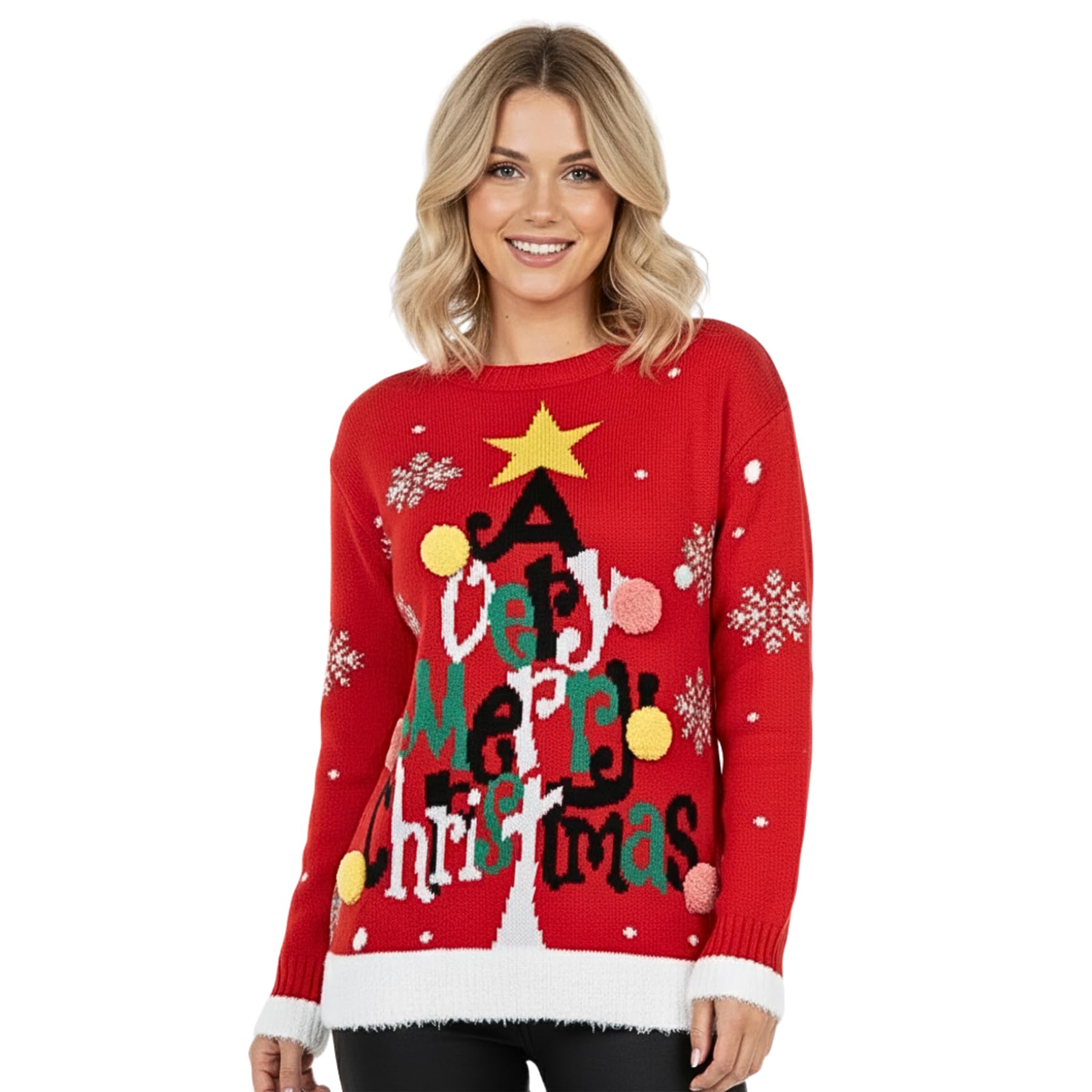 Janisramone Women's Red Merry Christmas Pompom Janisramone® Christmas Jumpers For Uk, Reindeer 3D Pom Pom Rudolph Xmas Knitted Crewneck Ugly Sweater, Novelty Unisex Christmas Jumpers For Red Long Sleeve Top Loose Fit Sweater 8-22