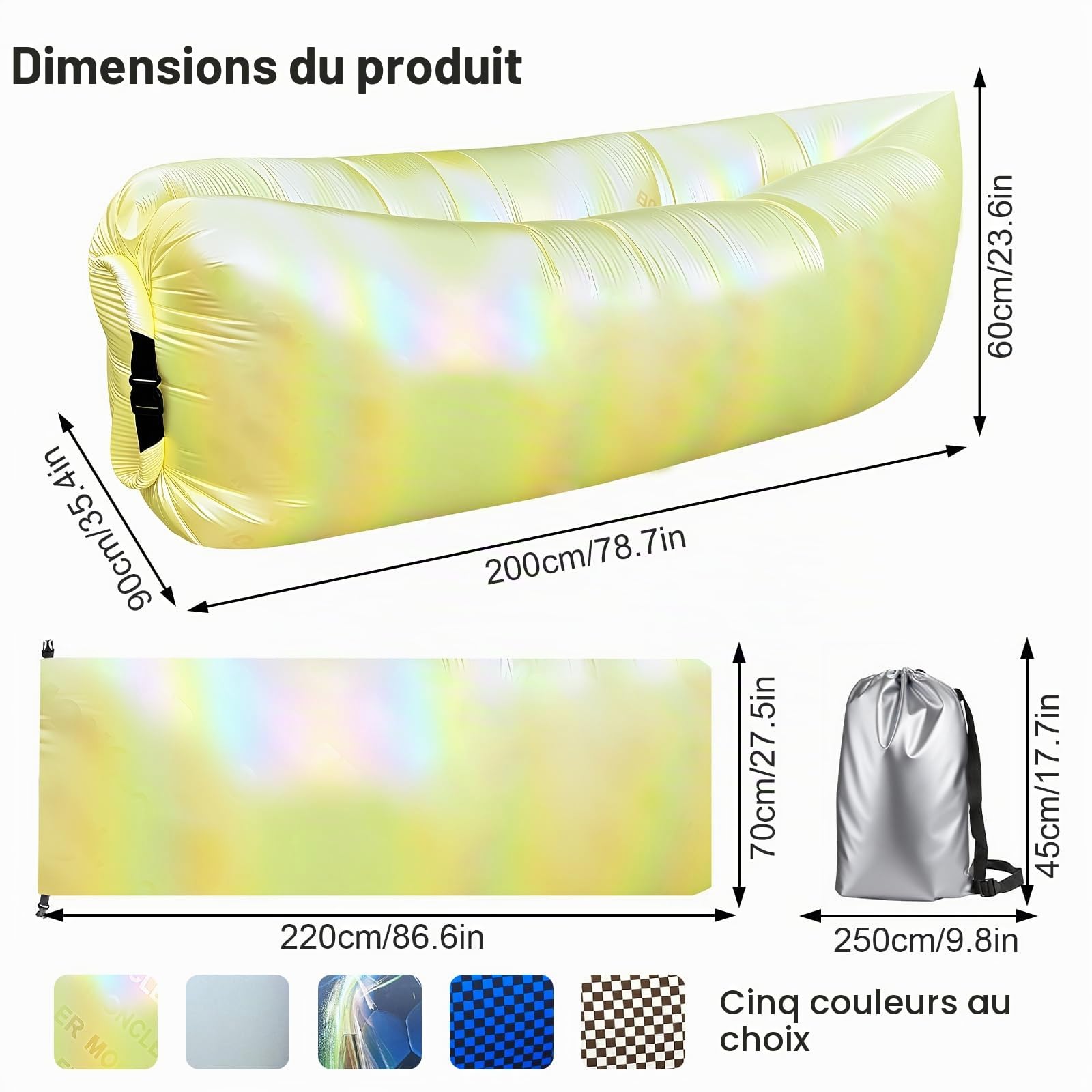 Hamac Gonflable, 185 * 70CM Transat, Canapé, Sofa, Chaise Longue Gonflable, avec Le Portable Package, pour Le Camping, la Mer, la Plage, Le Festival de Musique