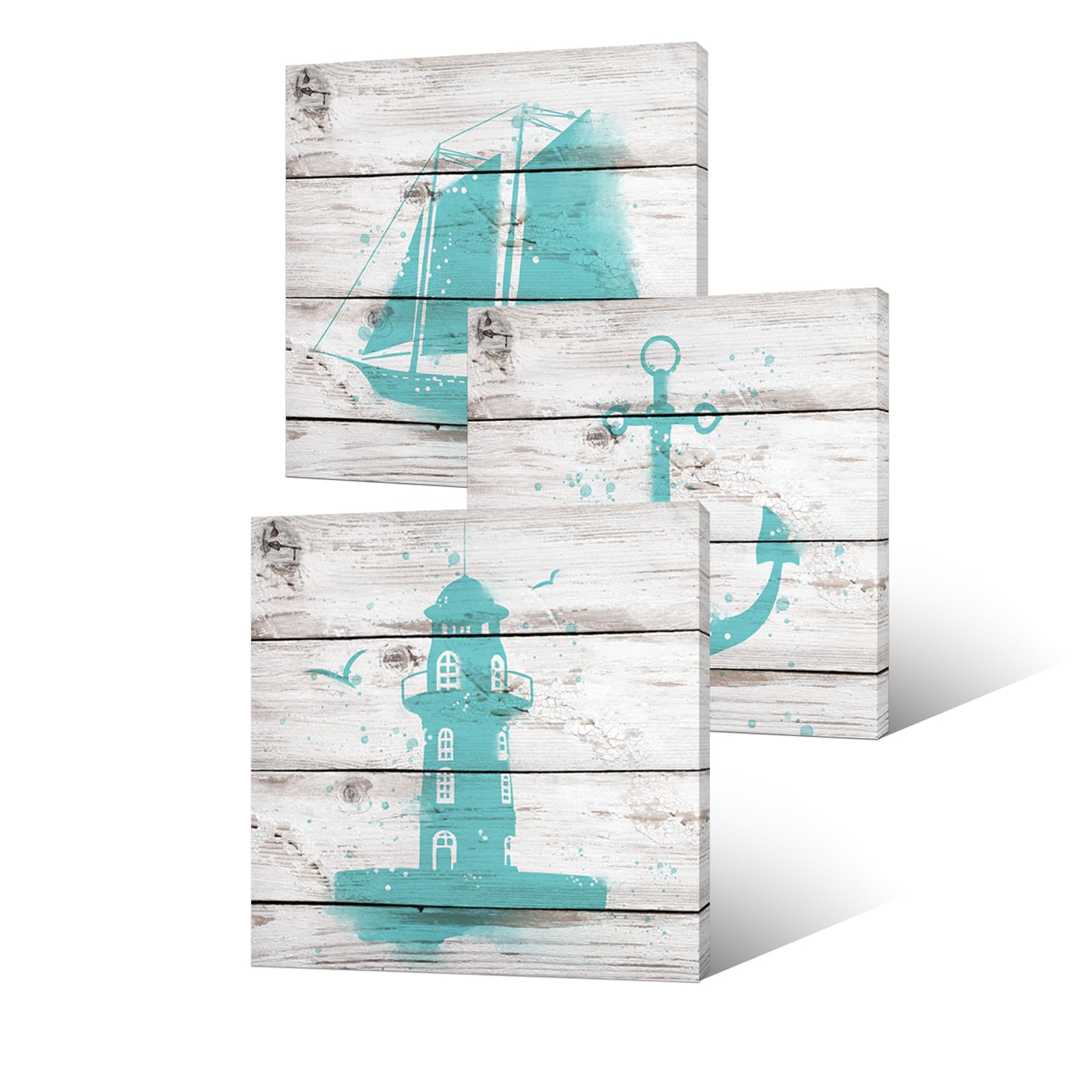 VVOVV Wall Decor Wall Art for Bathroom Blue Anchor Sailboat and Lighthouse Watercolor Painting Vintage Woodboard Background Picture Prints on Canvas Ready to Hang 3 Panels Small SJMV185B