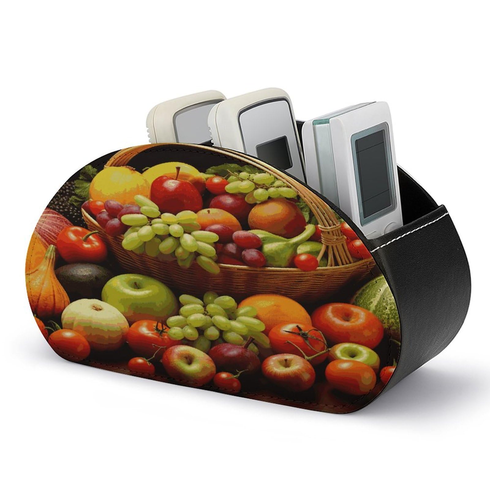 FekiLoot Variety Fresh Vegetables Fruits Remote Control Holder PU Leather Tabletop Organizer with 5 Compartments Storage Tray & Desktop Organizer for TV Remotes Glasses Pens