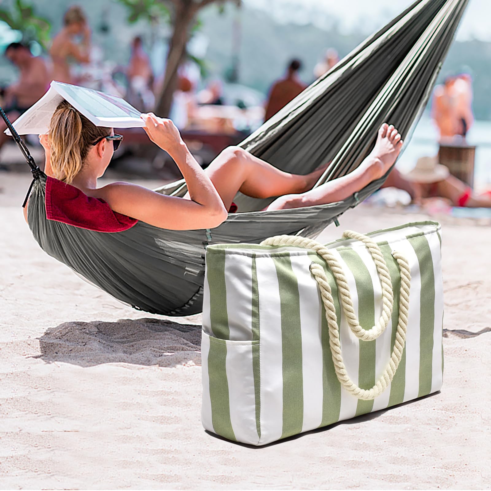 oscaurt Beach Bags for Women, Pool Bag Waterproof Sandproof Beach Bag Large Capacity Beach Swim Bag with Zipper Stripe Beach Bag Tote, verde
