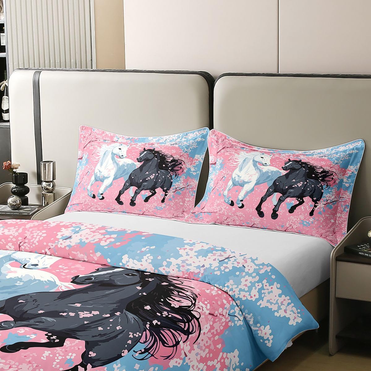 Homewish Juego de ropa de cama de estilo japonés con diseño de caballo, tamaño Super King, funda de edredón con diseño de flores de cerezo, pintura al óleo y flores