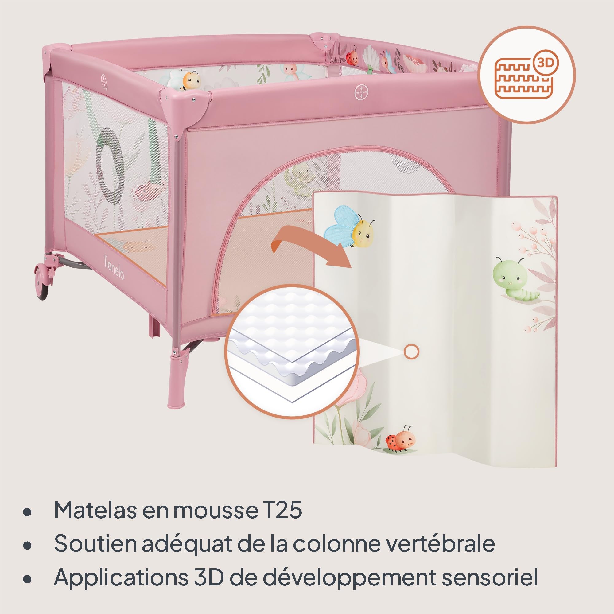 LIONELO MILLE PLUS Parc pour bébés 2-en-1 et jusqu’à 15 kg, de 0 à 36 mois, Entrée latérale, Matelas 3D, 2 roues avec frein, Pliable, Sac de transport inclus