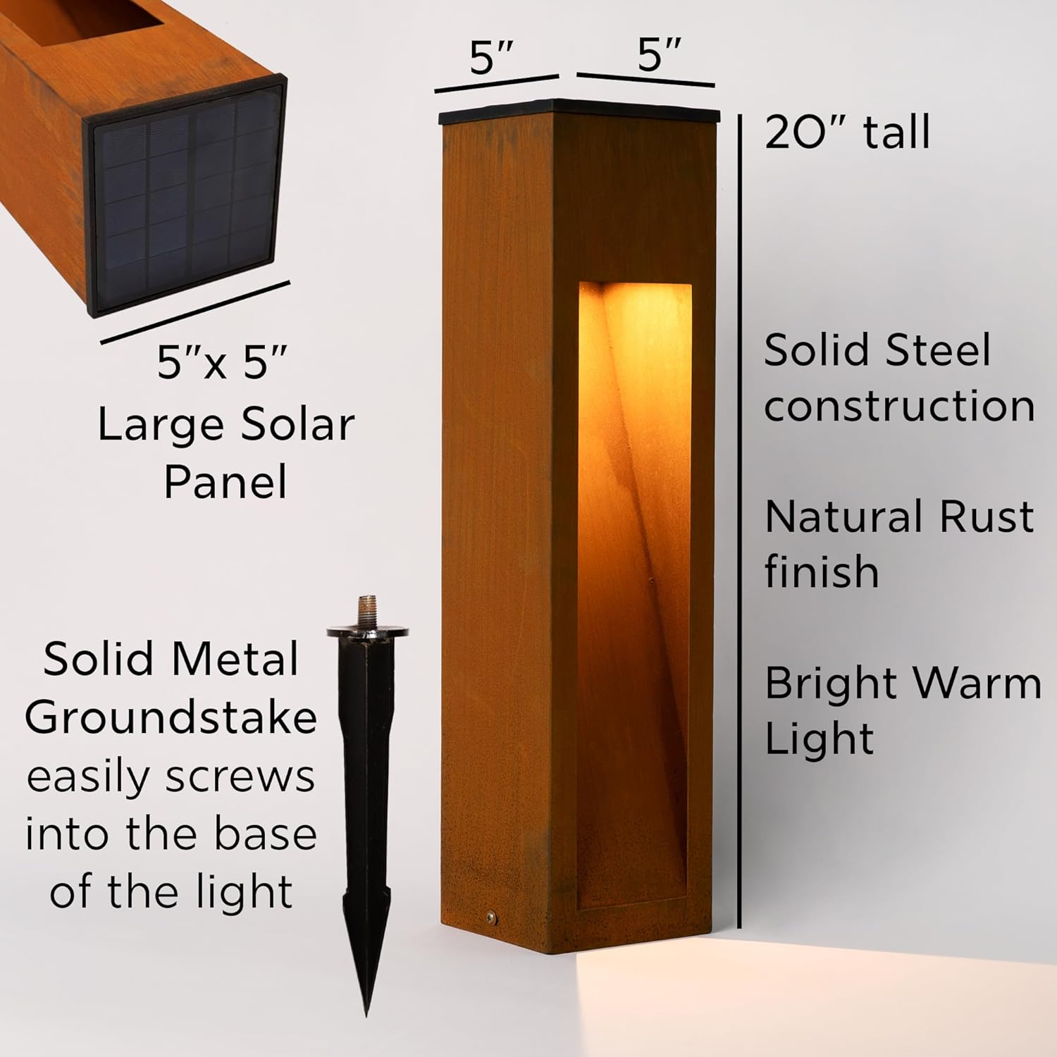 Set of 1 Solar Metal Rectangular Slot Light, Rust Finish, 5"x5"x20" Tall, Warm LED Light, Solid Metal Groundstake