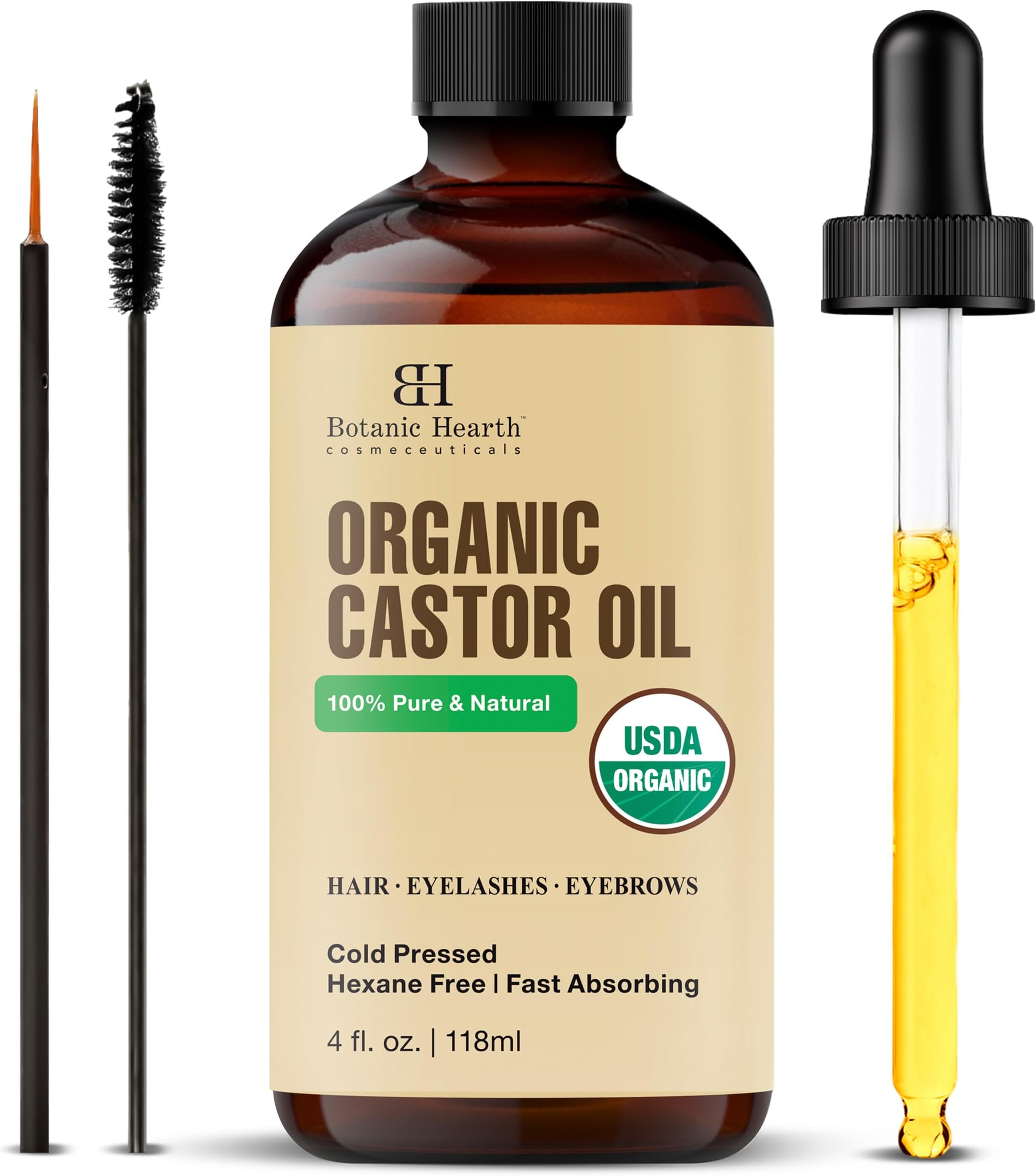 Castor Oil | USDA Certified Organic |100% Pure & Hexane Free | Cold Pressed | Growth for Eyelashes, Eyebrows, Hair | With Eyebrow & Eyelash Brush | 4fl oz
