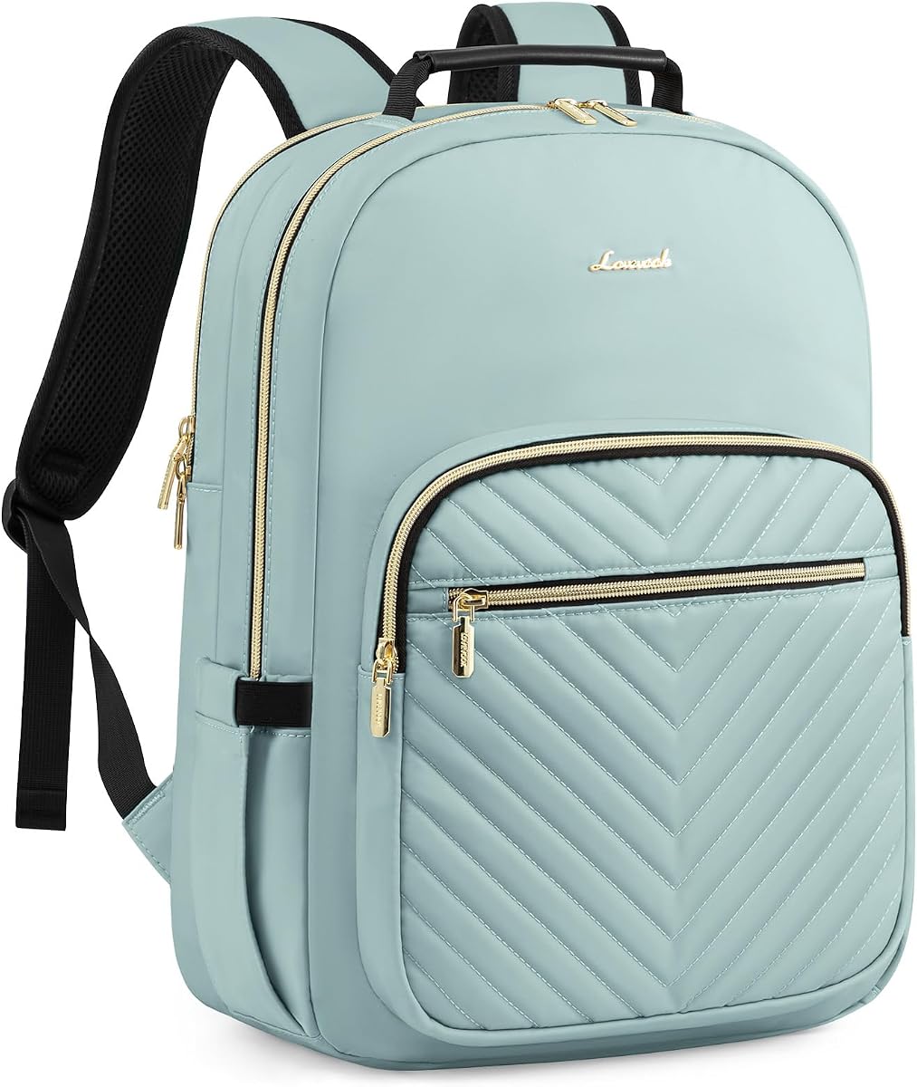 Laptop Backpack Purse for Women, Work Travel Computer Bags, College School Backpack for Student Girl, Quilted Casual Daypack with USB Port, Fit 15.6 Inch Laptop, Mint Green