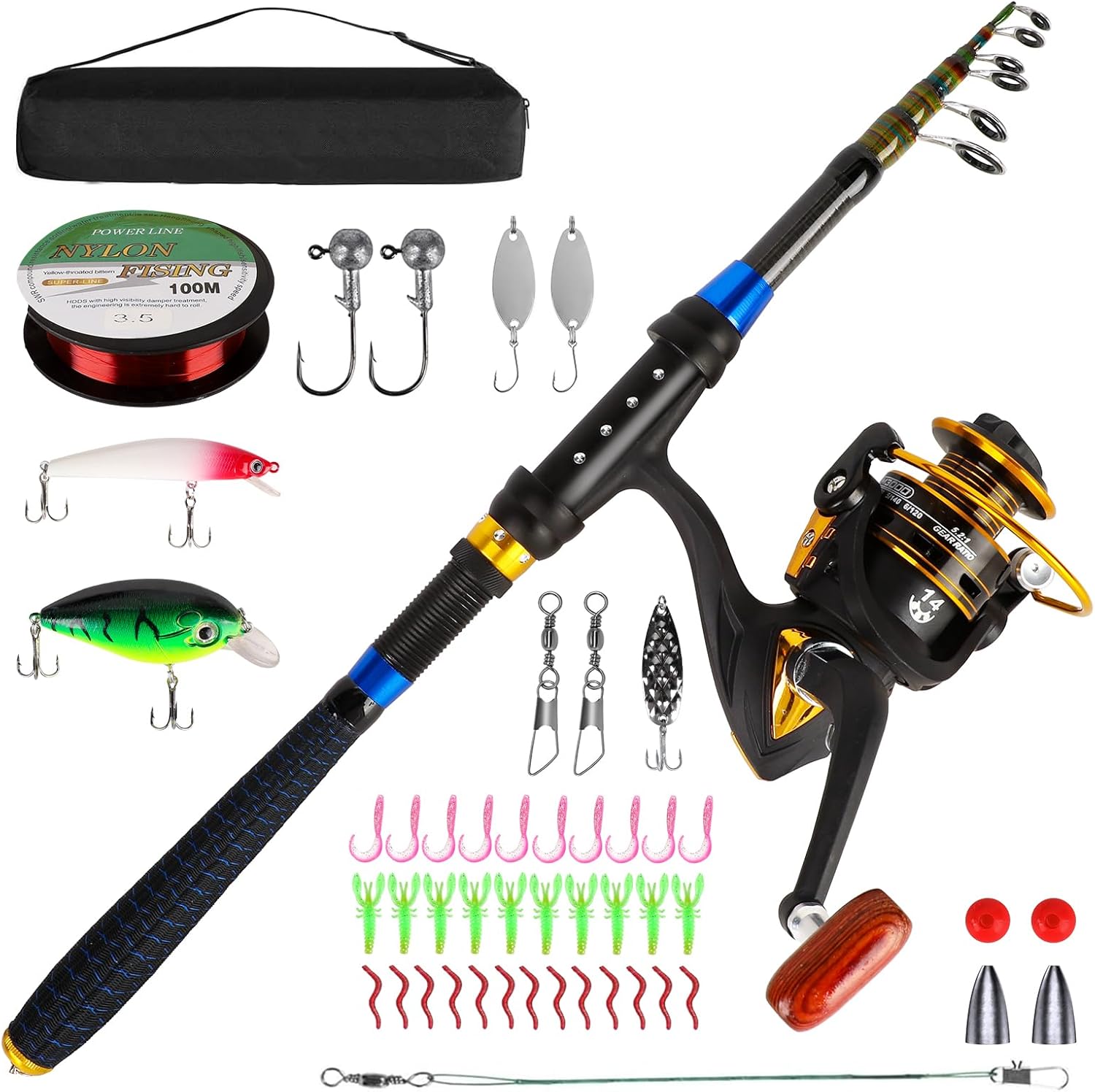 Kids Fishing Pole Set, Telescopic Fishing Rod and Reel Combo Kit for Kids/Youth, Fishing Pole for Beginners with Spincast Fish Reel, Fish Tackles, Fish Lures, Fish Lines 【Ambidextrous】