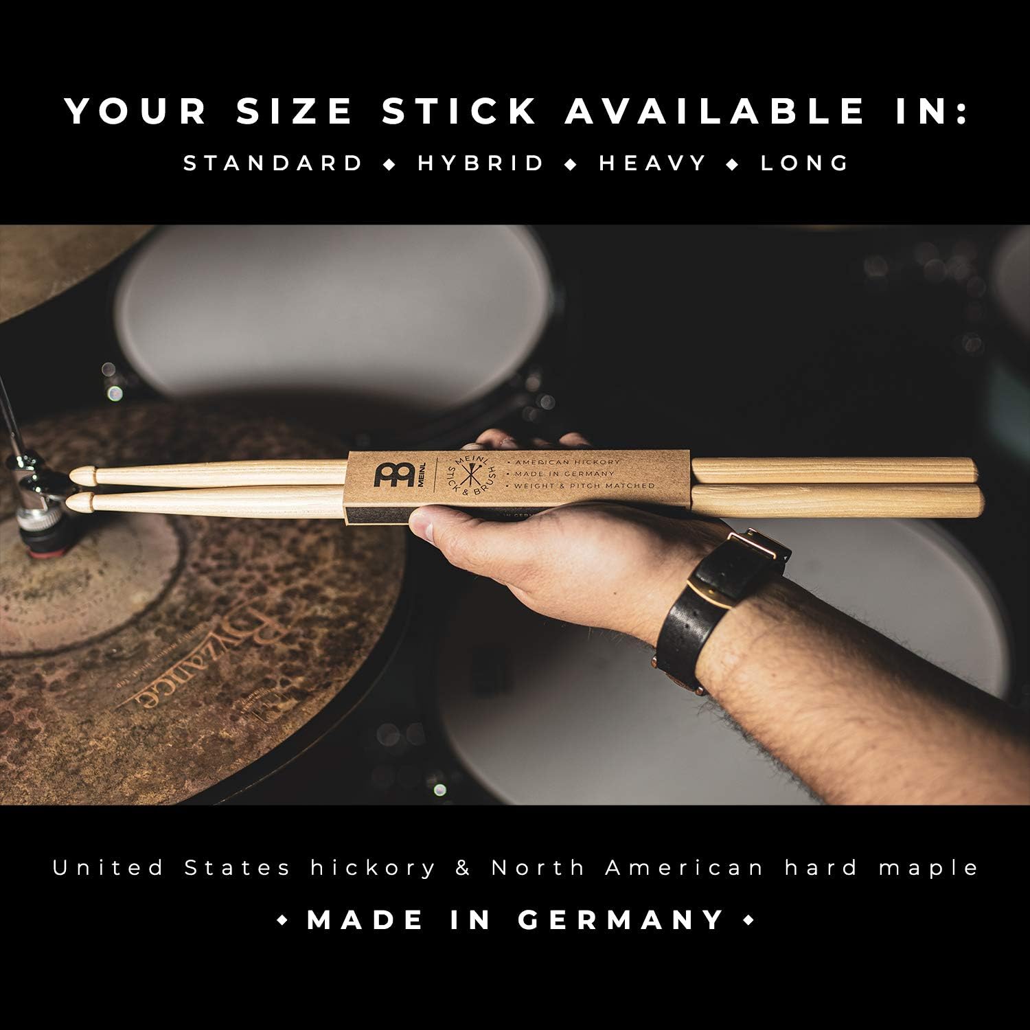 Meinl Stick & Brush Drumsticks, Hybrid 8A — American Hickory with Acorn/Barrel Shape Wood Tip — Made in Germany (SB132) : Musical Instruments