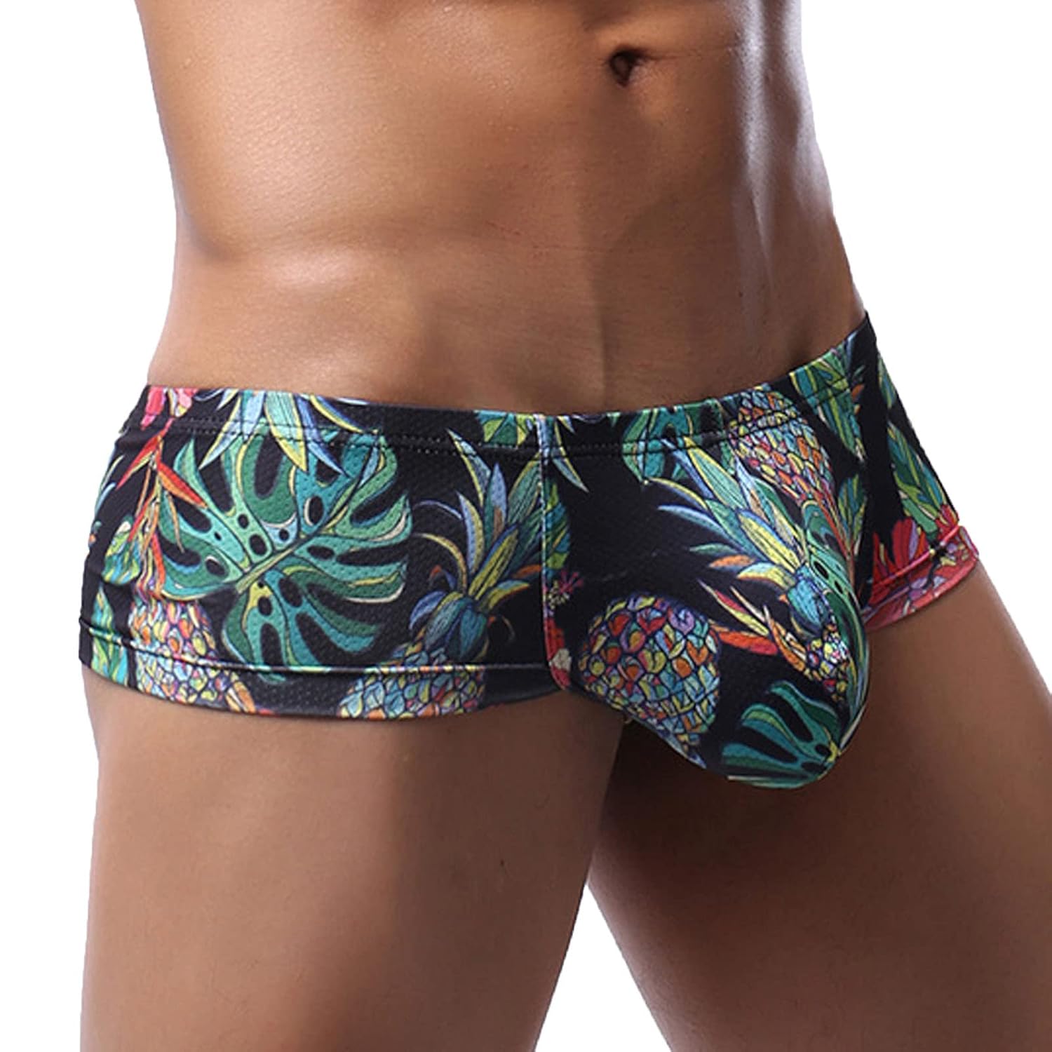 Sexy Printed Short Legs Boxer Briefs for Men Low Rise Big Pouch Underwear Mesh Breathable Undies Trunks