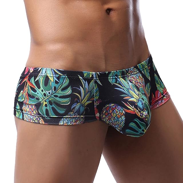 Sexy Printed Short Legs Boxer Briefs for Men Low Rise Big Pouch Underwear Mesh Breathable Undies Trunks
