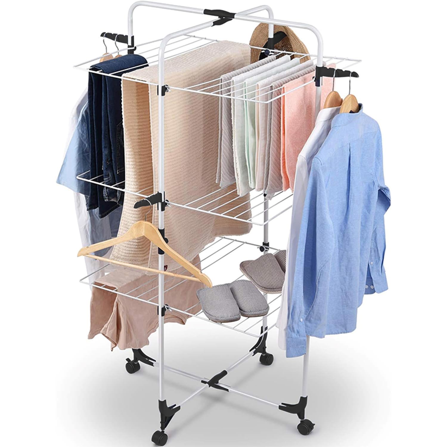 Lukzer Premium 3-Tier Foldable Clothes Drying Rack with Wheels | Portable Laundry Stand for Indoor, Balcony, Apartment | Space-Saving Multi-Layer Cloth Hanger, Heavy-Duty 135x67 cm CH-467
