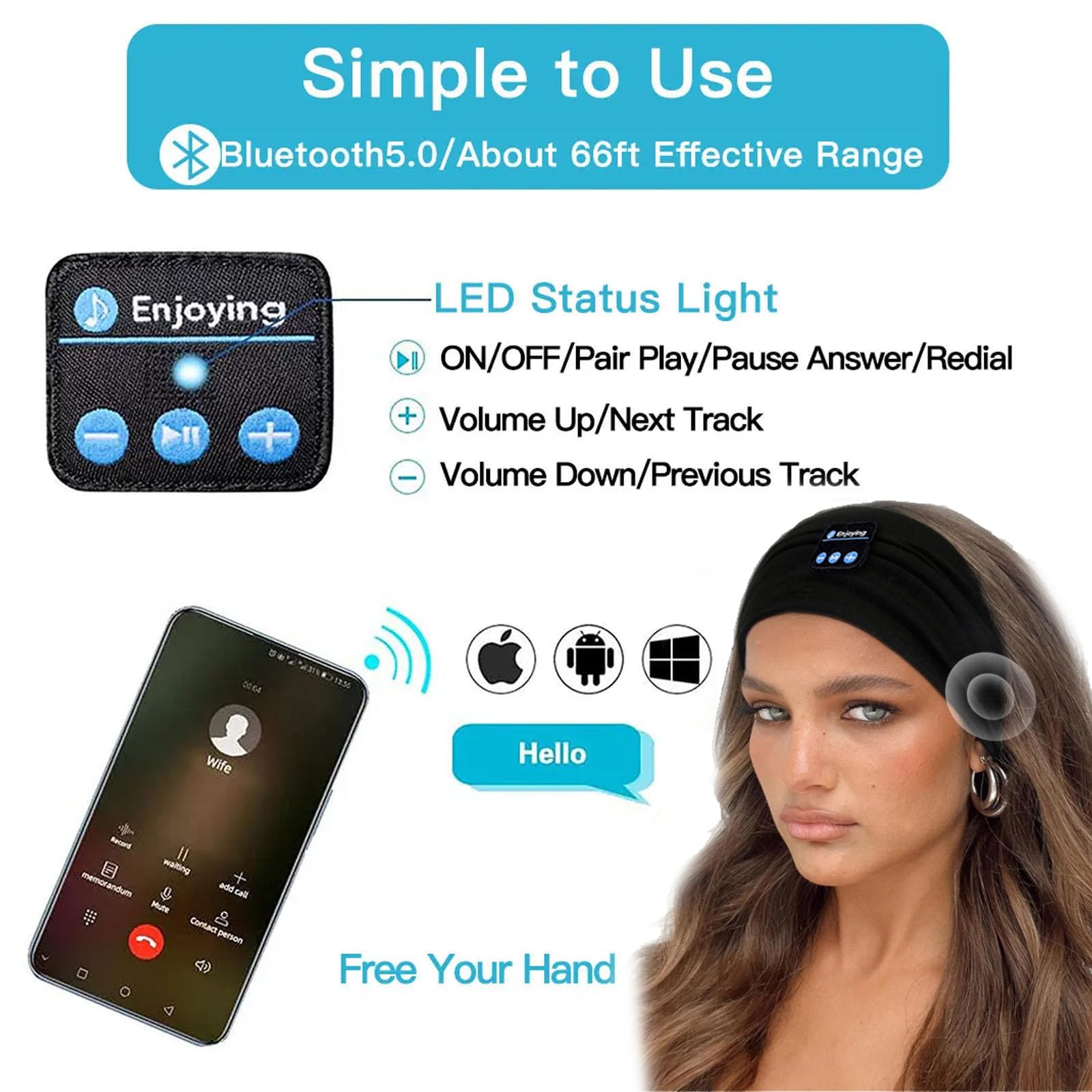 Fascia sportiva Bluetooth, wireless, stereo, per chiamate musicali, antitraspirante, per yoga, yoga, escursionismo, jogging, allenamento (33)