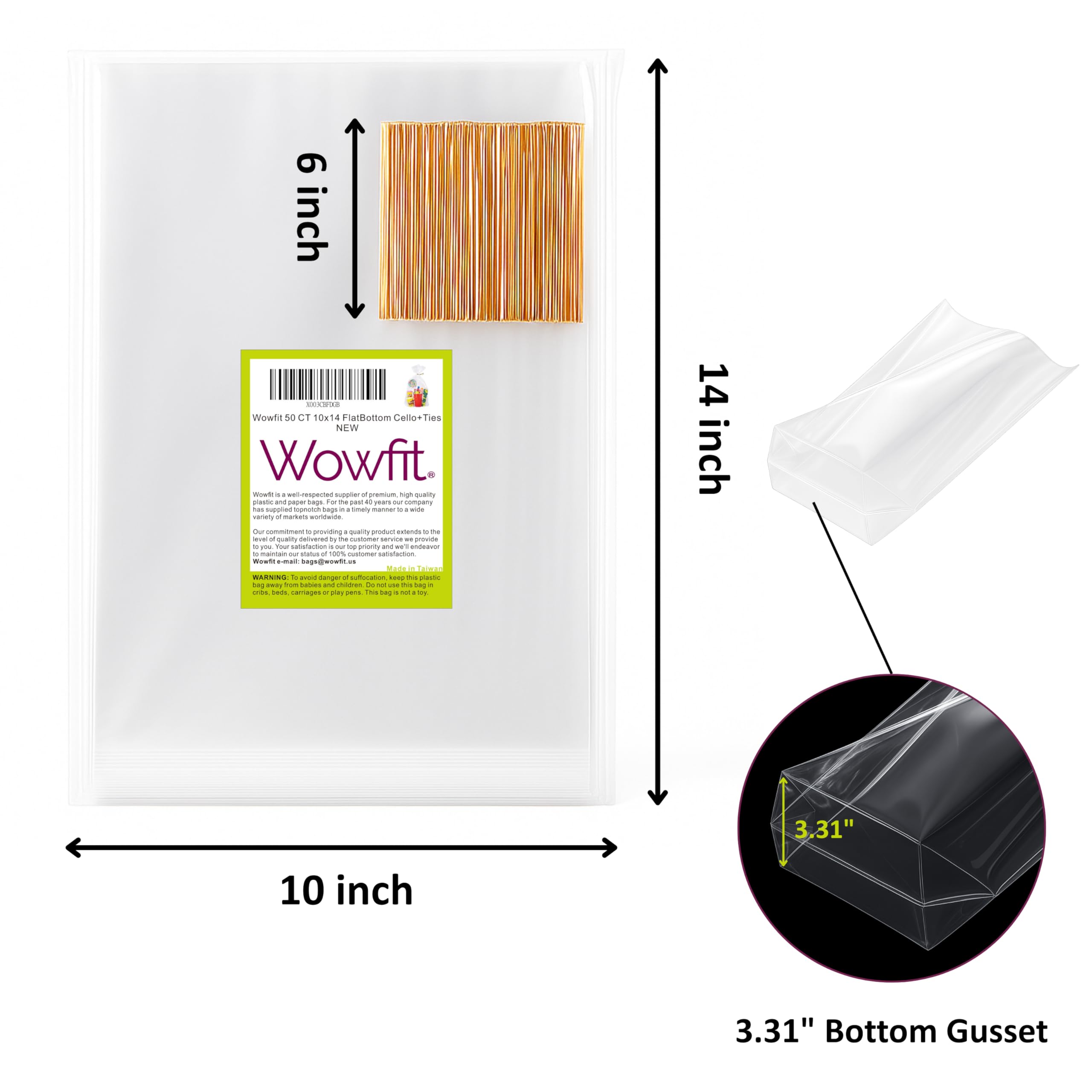 Wowfit 50 CT 10x14 inches Clear Bottom Gusset Cellophane Gift Bags with 6" Gold Twist Ties, Cello Packaging for Party Favors, Bridal Showers, and Wedding Gift Wrapping