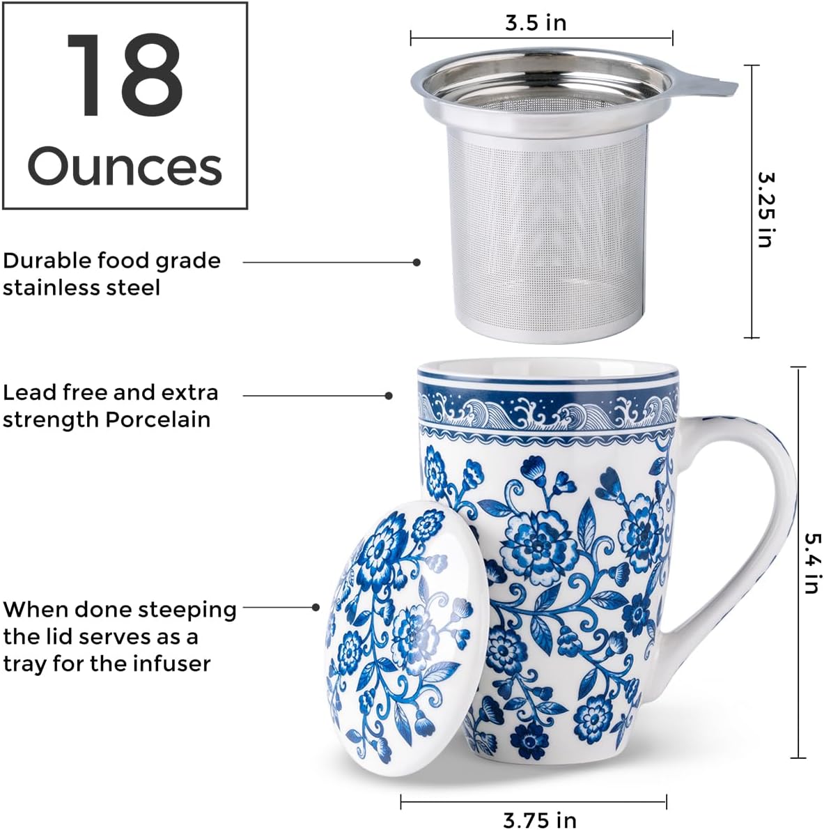 AmorArc Porcelain Tea Mug with Infuser and Lid, 18 Oz Tea Cup with Handle for Loose Leaf Tea, Gift for Tea Lovers of Men and Women - Image 2