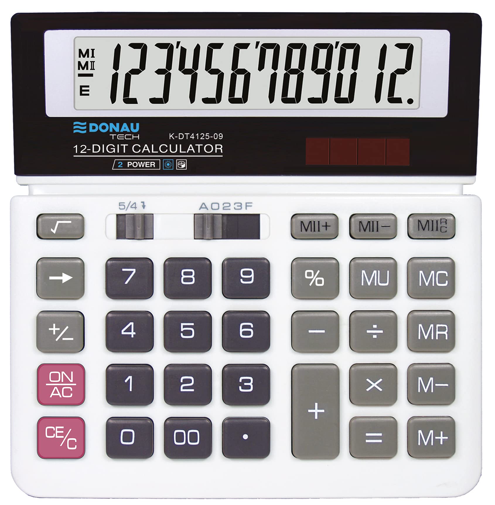 DONAU TECH/K-DT4125-09 Desktop Calculator 12-Digit Root Function 156 x 152 x 28 mm White with 12-Digit Display Dual Power Solar Battery Operated Compact Design