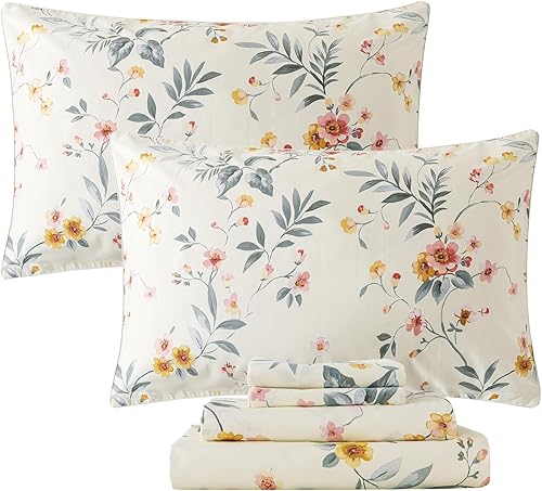 FADFAY Sábanas florales tamaño Queen, ropa de cama vintage rosa floral, color beige desgastado elegante, sábanas botánicas rústicas de 800 hilos,
