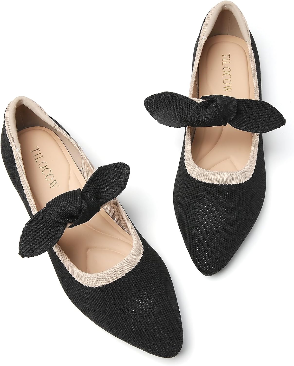 Tilocow Knit Bow Ballet Flats for Women Pointed Toe Mary Jane Shoes Comfortable Dressy Loafers