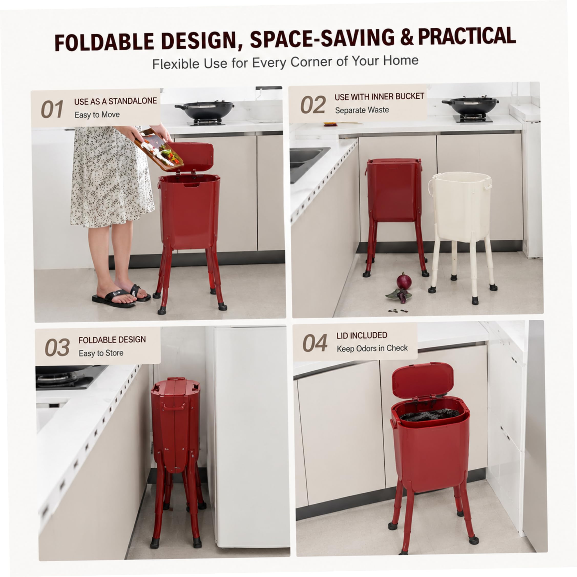 Pattumiere per interni, pattumiera da cucina con ruote, pattumiera da 16 litri con gambe rialzate, con coperchio e secchio interno rimovibile per bagno, casa, ufficio, bianco
