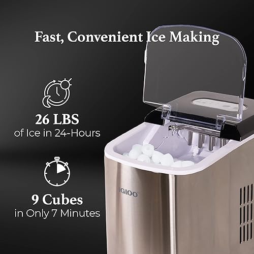 Vista 2 de Igloo Máquina eléctrica para hacer hielo de encimera, automática y portátil, 26 libras en 24 horas, máquina de cubitos de hielo, cuchara y cesta