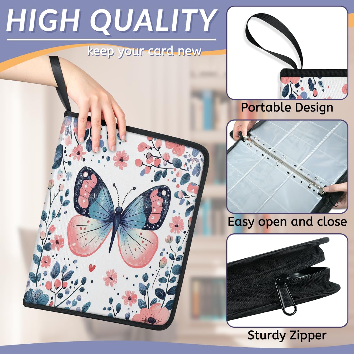 Raccoglitore per carte con 9 tasche, 900 tasche, con chiusura a cerniera (circondato da fiori e farfalle rosa)