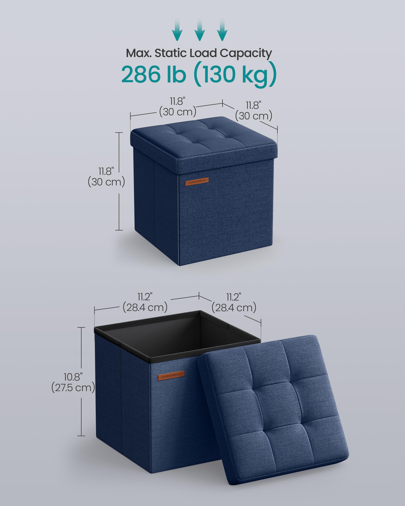 SONGMICS Storage Ottoman, Foldable Small Ottoman Foot Rest, 30 x 30 cm Foot Stool, Ottoman with Storage, Load up to 130 kg - Image 3
