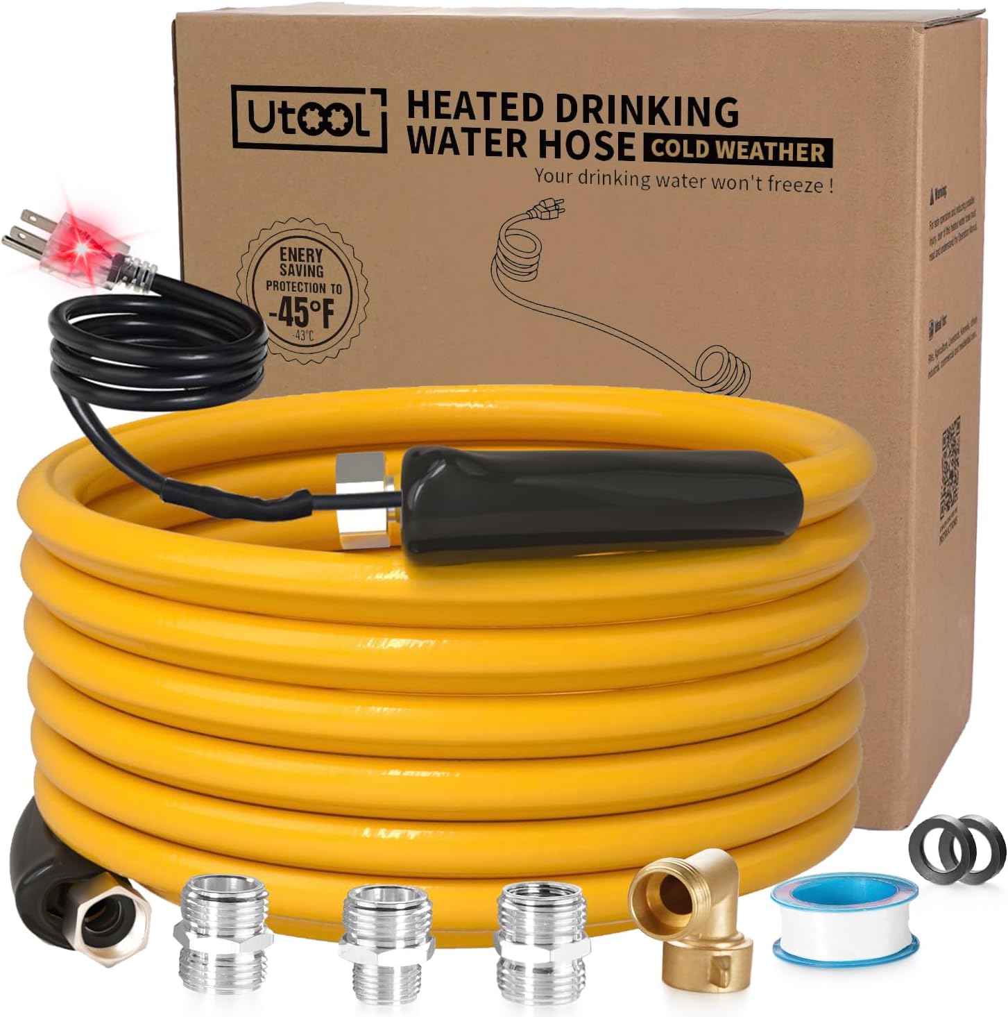 UTOOL 50 FT Heated Drinking Water Hose for RV, 5/8" Inner Diameter, Withstand Down to -45?/-43°C, with Versatile 90 Degree Adapters BPA Free, Freeze Protection for Garden, Truck, Yellow 5/8" ID 50 ft