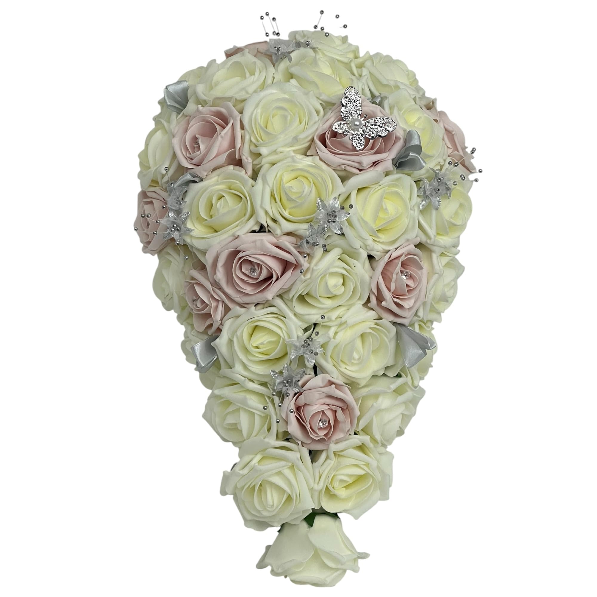 beautiful bouquets Artificial Wedding Flower Bouquet & Bridesmaid Posy – Ivory & Blush Rose Foam Flowers with Diamante butterfly– Bridal Wedding Flowers
