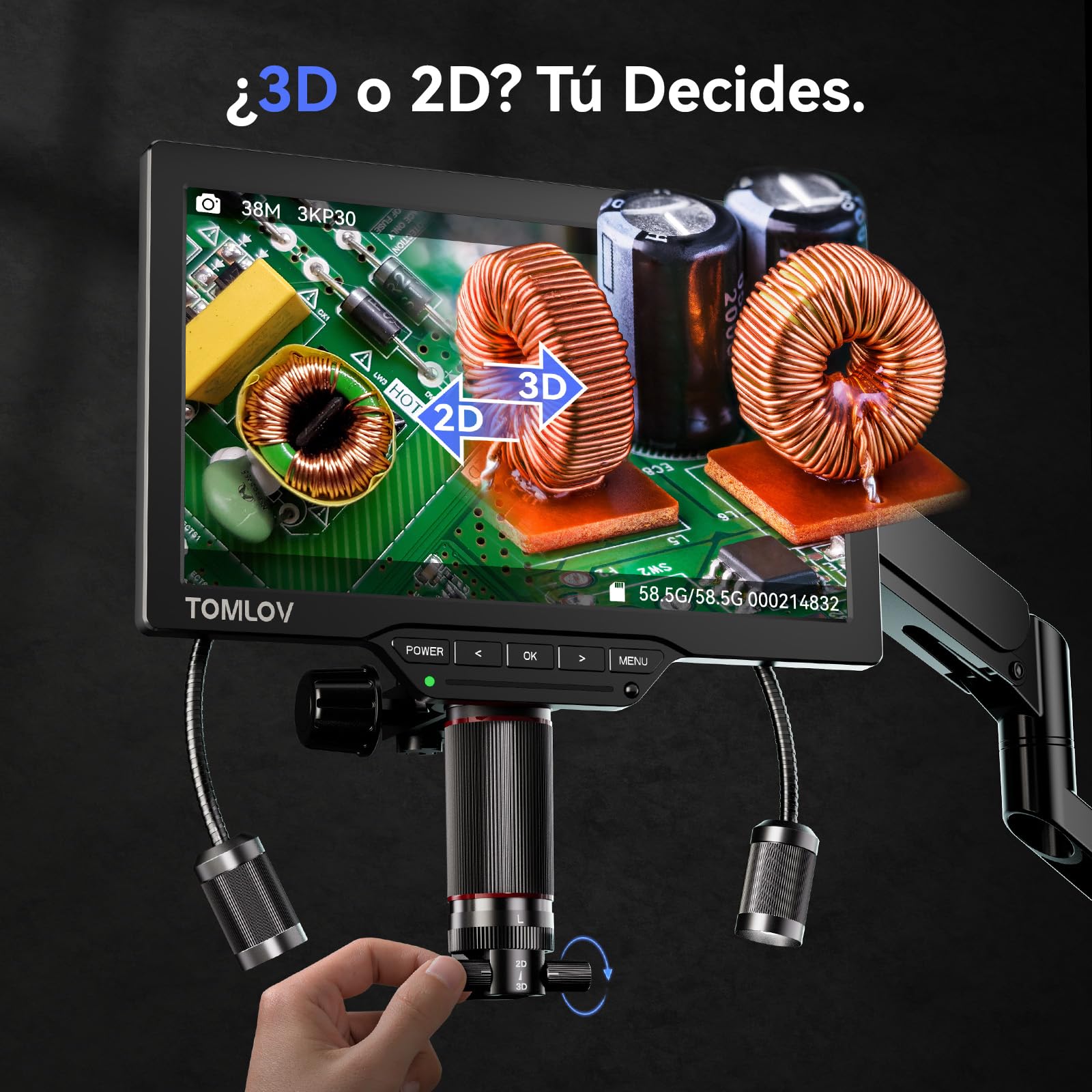 TOMLOV TM3K-3D MAX 10,1" Microscopio Digital IPS con Lentes Duales Magnéticos, Microscopio 3D HDMI de Soldadura para Adultos, Magnificador Monedas 3K, LED, Alfombra para Soldar, Brazo Flexible, 64GB