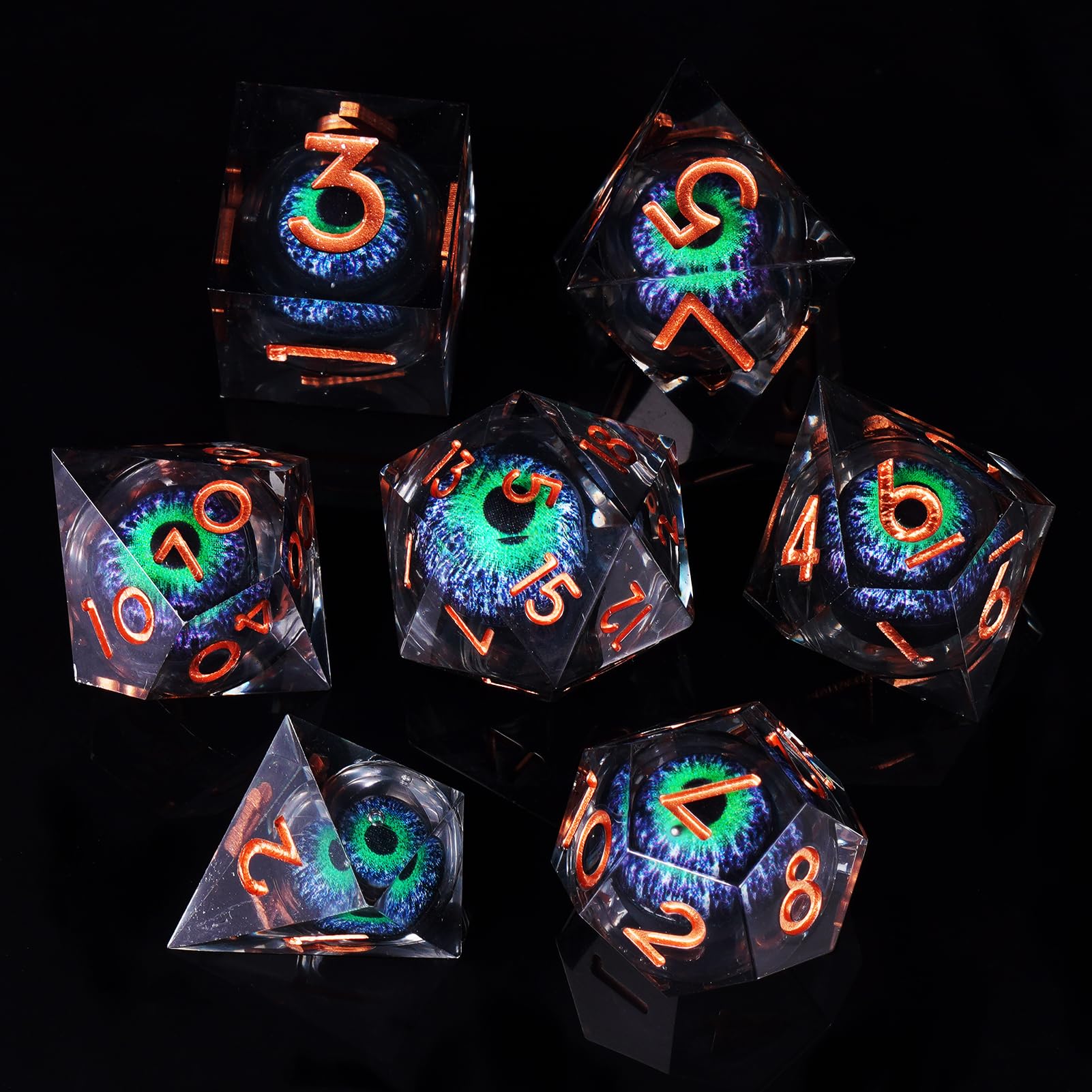 ORUZA 7 PCS Dragon Eye DND Dice Liquid Core D&D Dice Resin Sharp Edge Polyhedral D&D Dice Set for Dungeons and Dragons Role Playing Die D20 D12 D10 D8 D6 D4 D%
