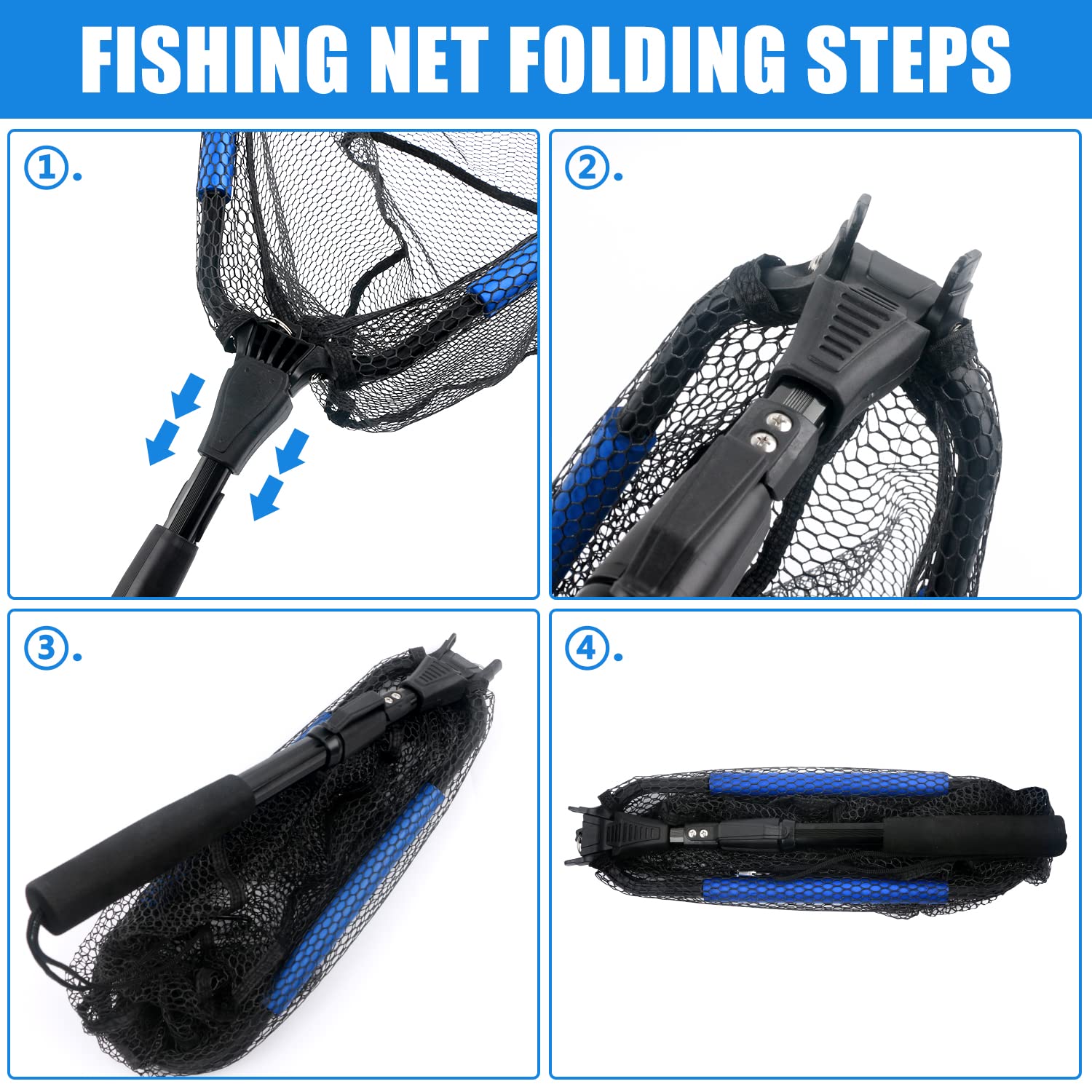Red de pesca, red de aterrizaje plegable flotante con alicates de pesca de 7 pulgadas y agarre de labios de pesca, accesorios de herramientas de pesca para peces fácil de atrapar y liberar agua dulce