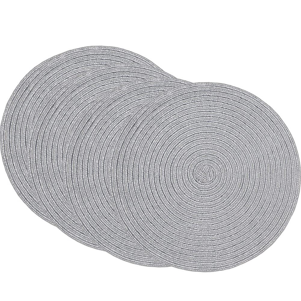 SCF2017 Round Woven Glitter Plastic Placemats 30cm Hollow Table Mats,Set of 4,Silver