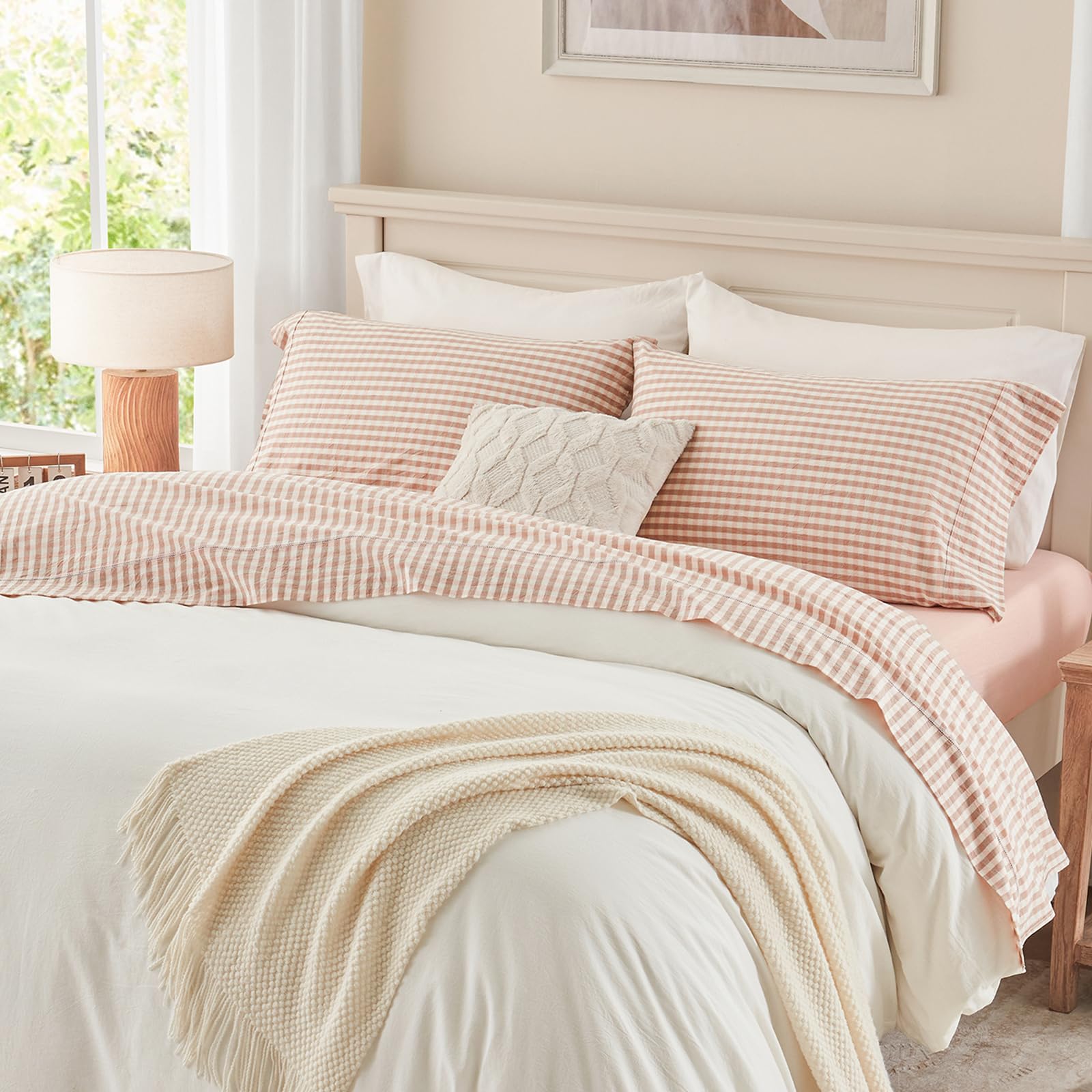 PURE ERA Full Sheet Set 100% Washed Cotton Gingham Bed Sheets Full Size,4 Pieces Set, Soft,Breathable, Durable,Linen Feel - 15" Deep Pocket - Checked