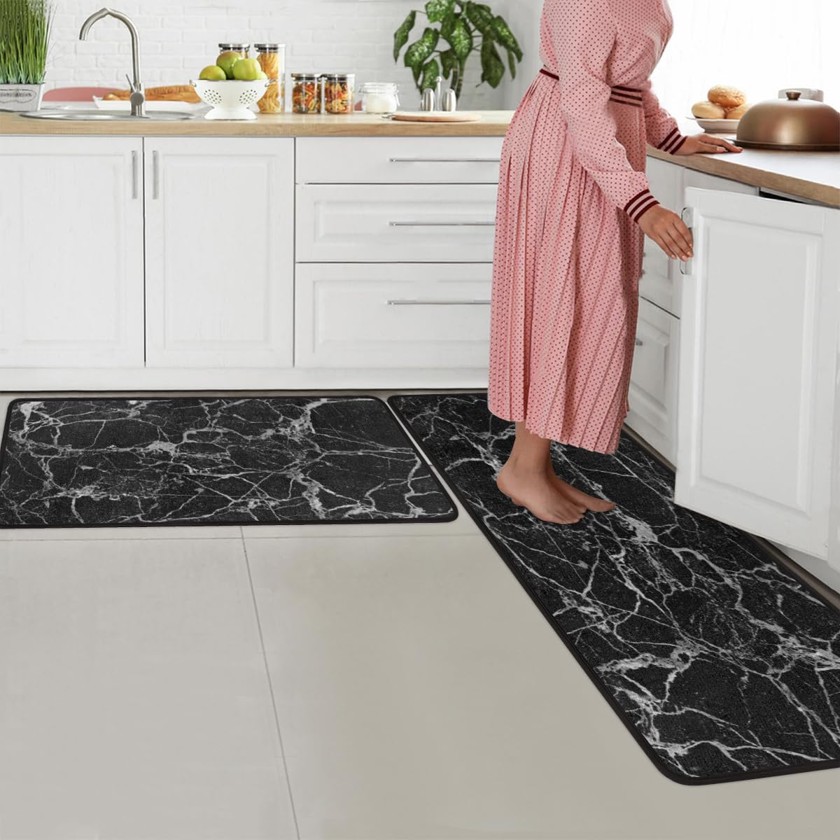 Set di 2 tappetini da cucina con pittura astratta effetto marmo, antiscivolo, assorbenti, imbottiti, anti-fatica, lavabili, per casa, lavanderia, 43,2 x 73,7 cm + 43,2 x 119,4 cm