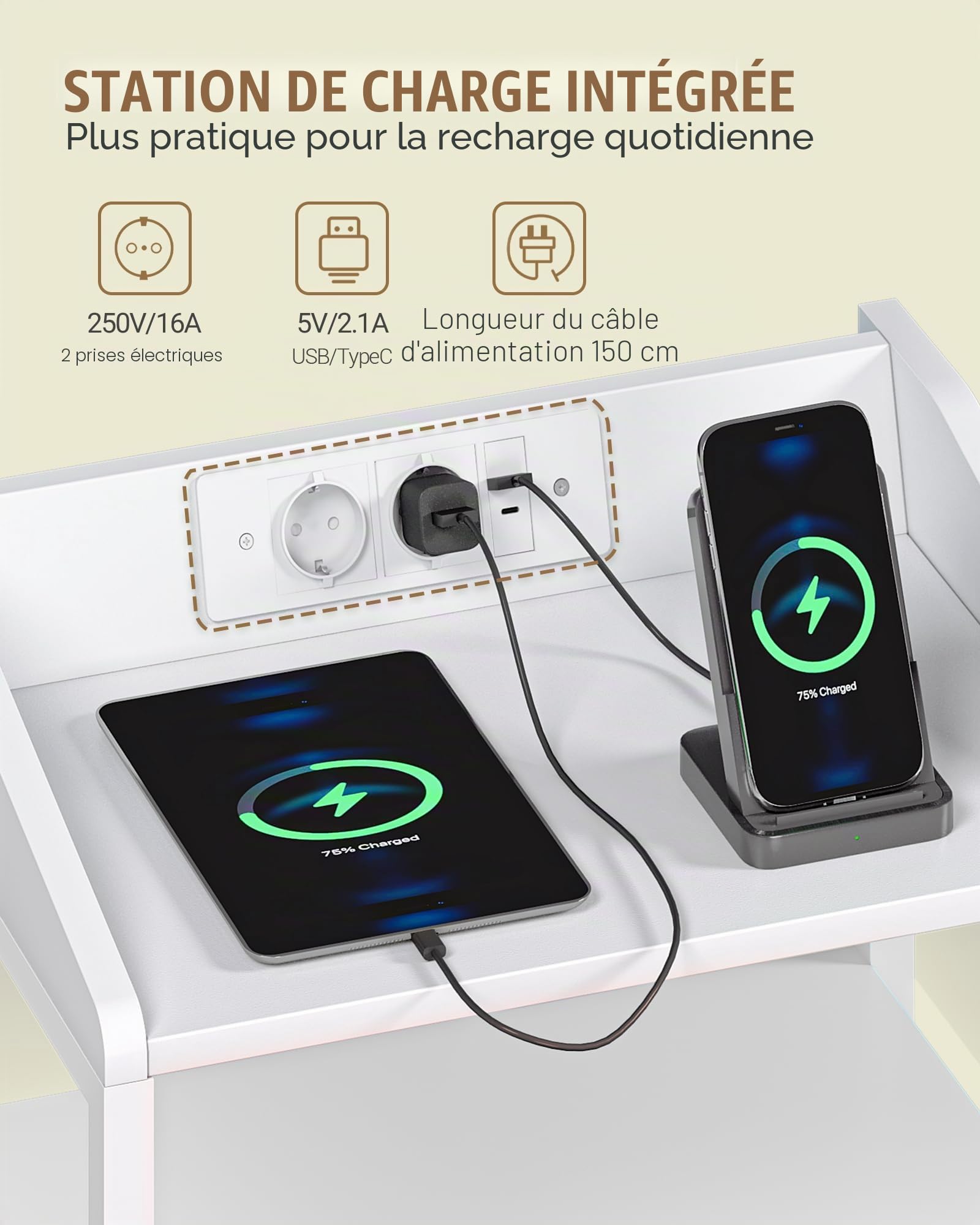 Hzuaneri Table de Chevet Lot de 2, avec Éclairage LED, Table de Nuit avec 2 Tiroirs de Rangement en Tissu, Tables d'appoint avec Ports USB et 2 Prises CA, pour Chambre, Blanc NS36213W
