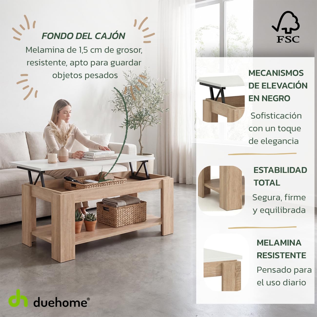 duehome | Mesa de Centro Elevable, Mesa Auxiliar, Modelo LYA, Acabado en Color Roble Canadian y Blanco Artik, Medidas: 102 cm (Largo) x 50 cm (Ancho) x 43-54 cm (Alto)