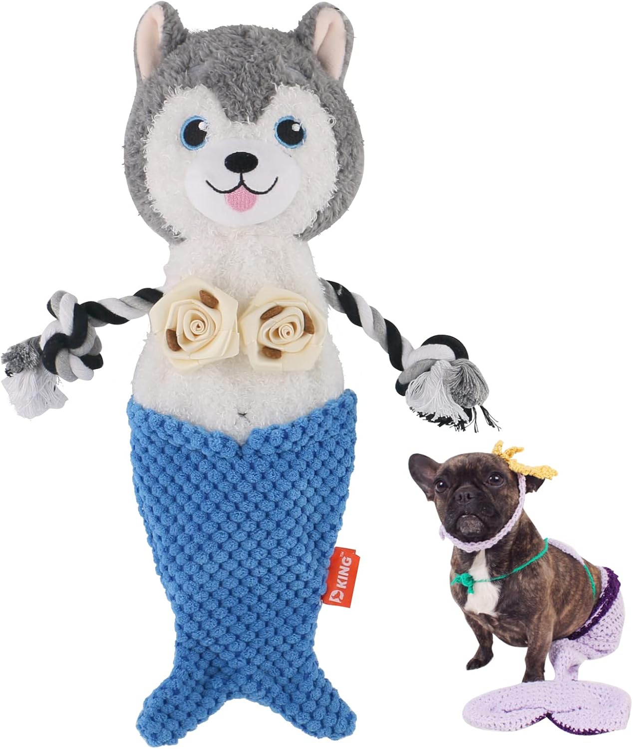 D King Funny Stuffed Squeaky Dog Toy,Crinkle Puppy Teething Toy,Tug of War Dog Toy,Plush Rope Dog Toy for Small Medium Large Dog(Blue…