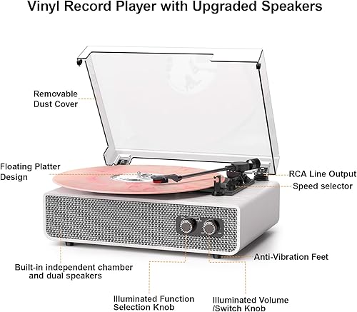 Miniatura 10 de Reproductor de discos de vinilo Bluetooth con altavoces estéreo integrados, calidad de sonido mejorada, tocadiscos de tracción por correa de 3